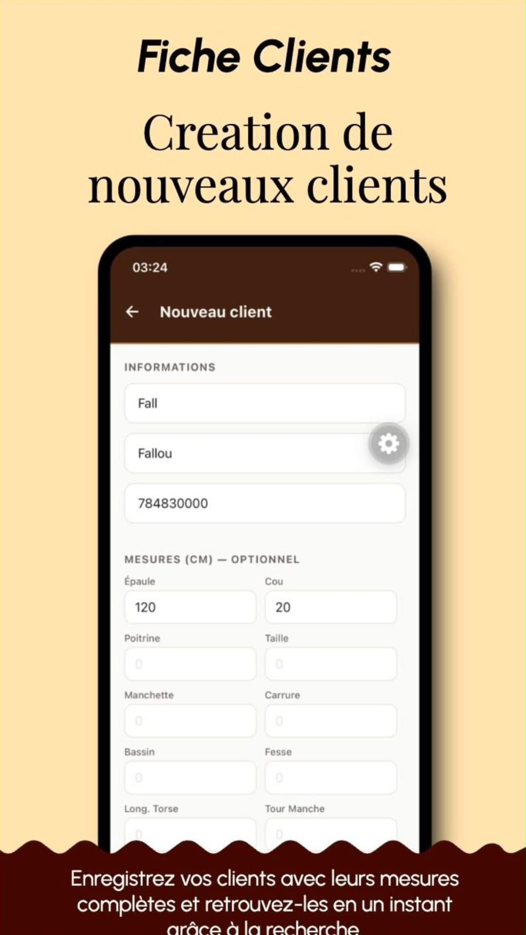 Création d'un client avec sa fiche de mesures