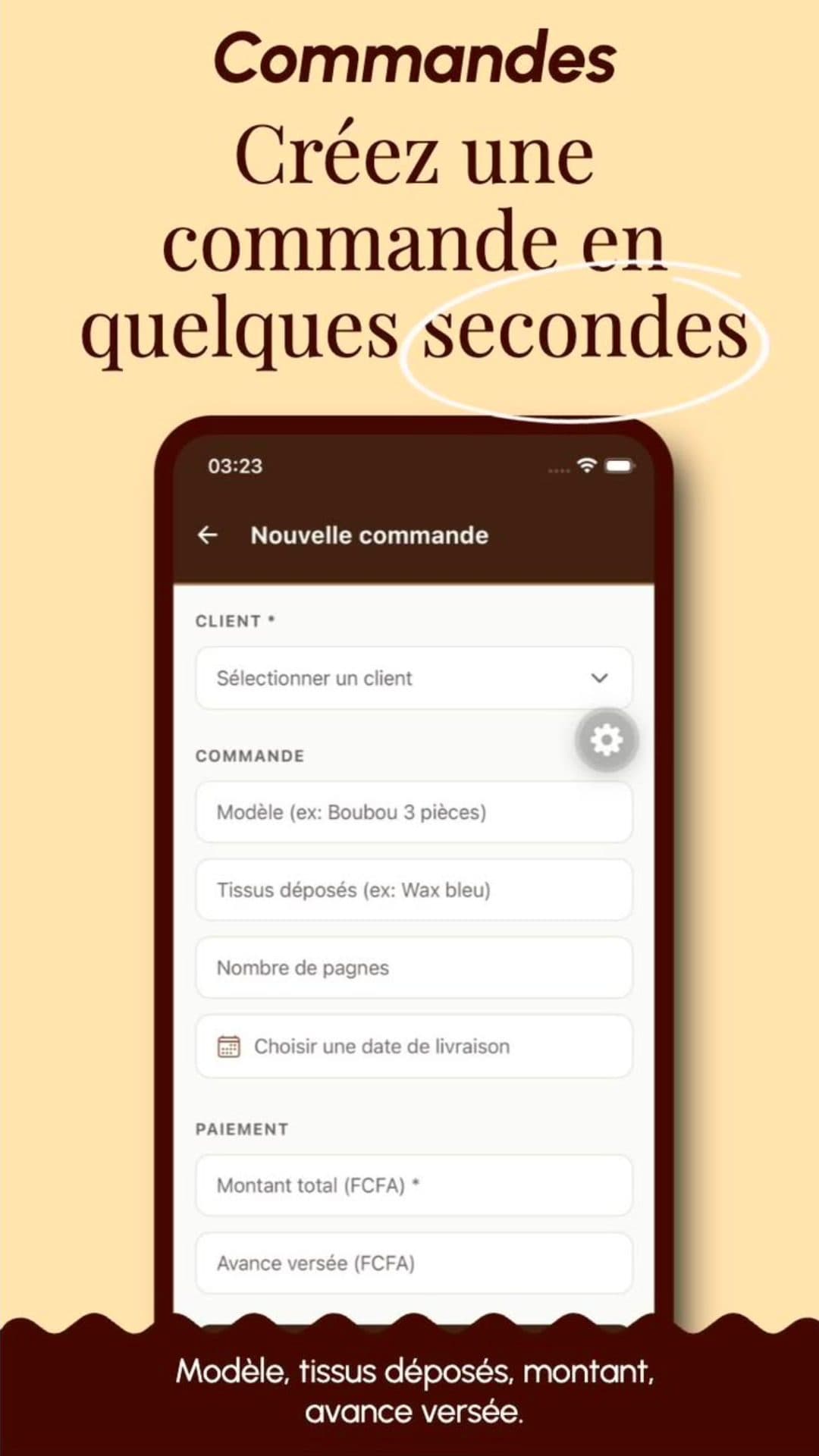 Nouvelle commande : modèle, tissus déposés, montant et avance