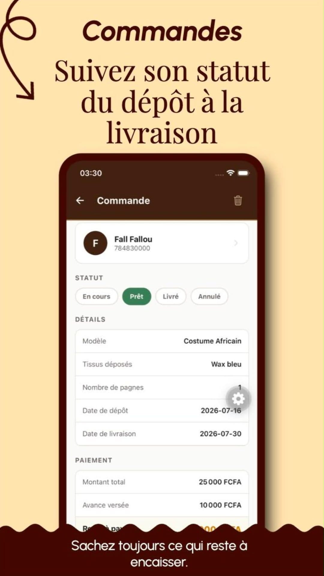Suivi d'une commande : statut, détails et reste à payer